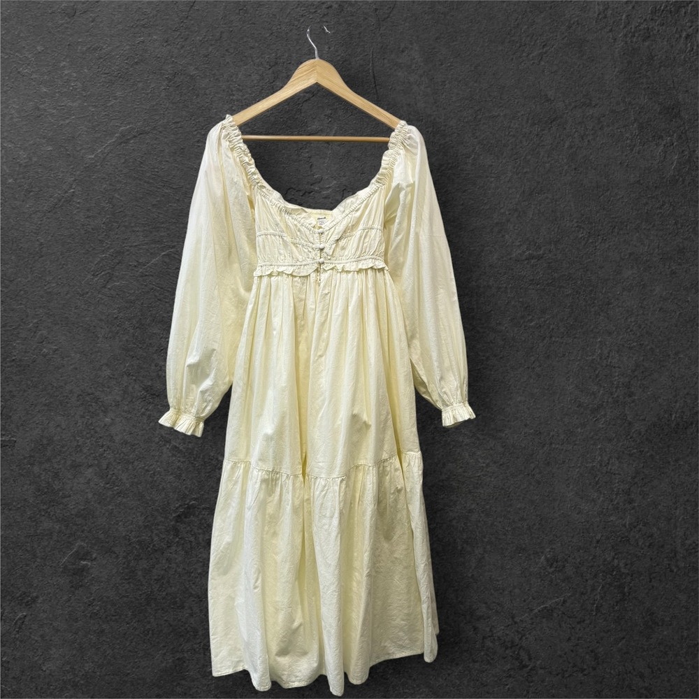 Kimchi Blue Cream Cotton Tiered Midi Dress Smocked Back Tie Long Sleeve M